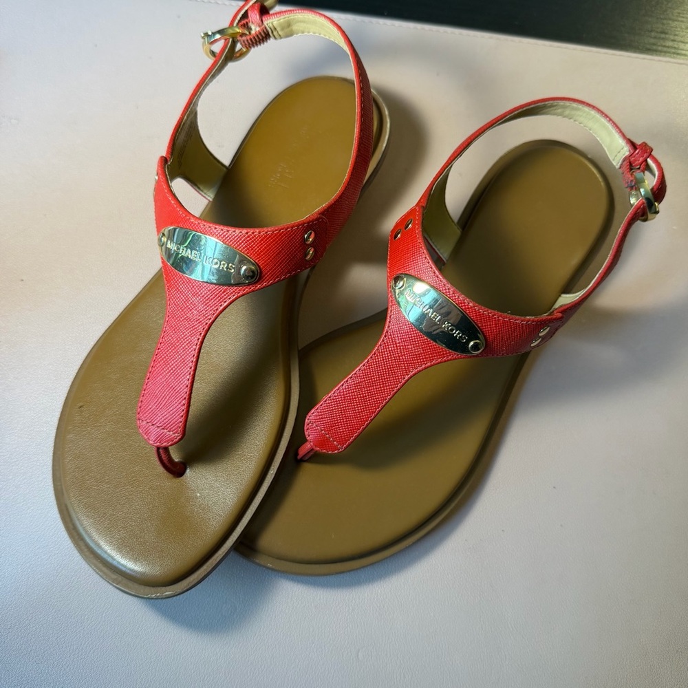 Michael Kors Red & Gold T-Strap Leather Sandals Classic Y2K Summer Essential